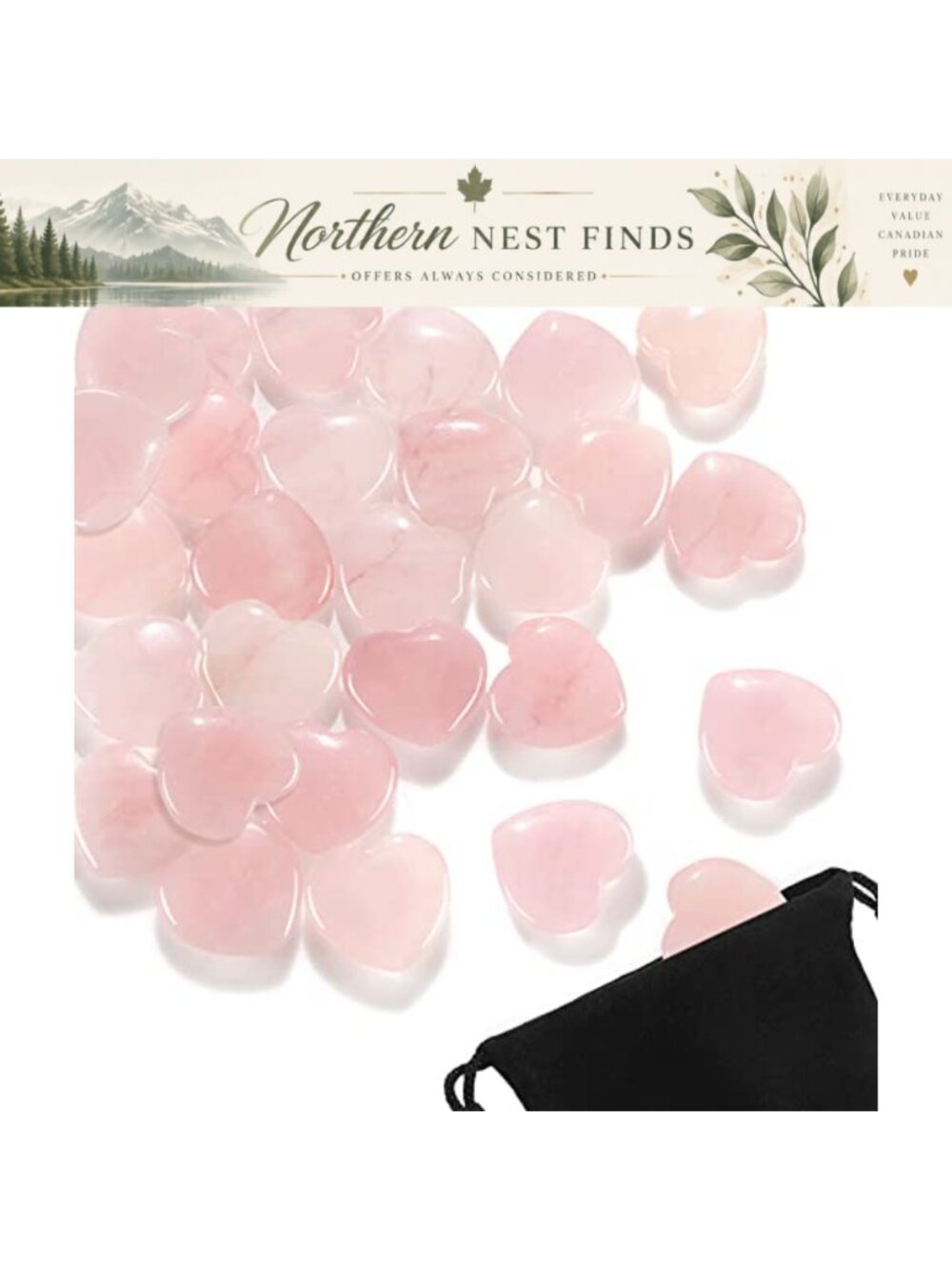 Rose Quartz Heart Crystals 24 Pcs Set with Pouch Genuine Natural Worry Stone